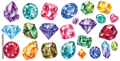 A charming watercolor set of gemstones featuring colorful faceted crystals and sparkling jewel shapes illustrated in a vibrant hand painted style.