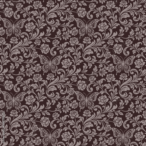 Vintage floral pattern with roses and butterflies in a dark floral pattern style for romantic and classic floral pattern projects.