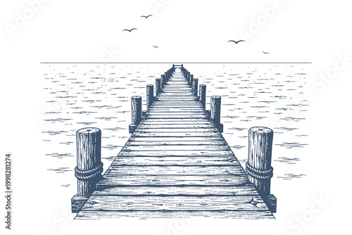 Long wooden pier stretching out into a calm and vast ocean horizon, minimalist vintage engraving style vector illustration for maritime design.
