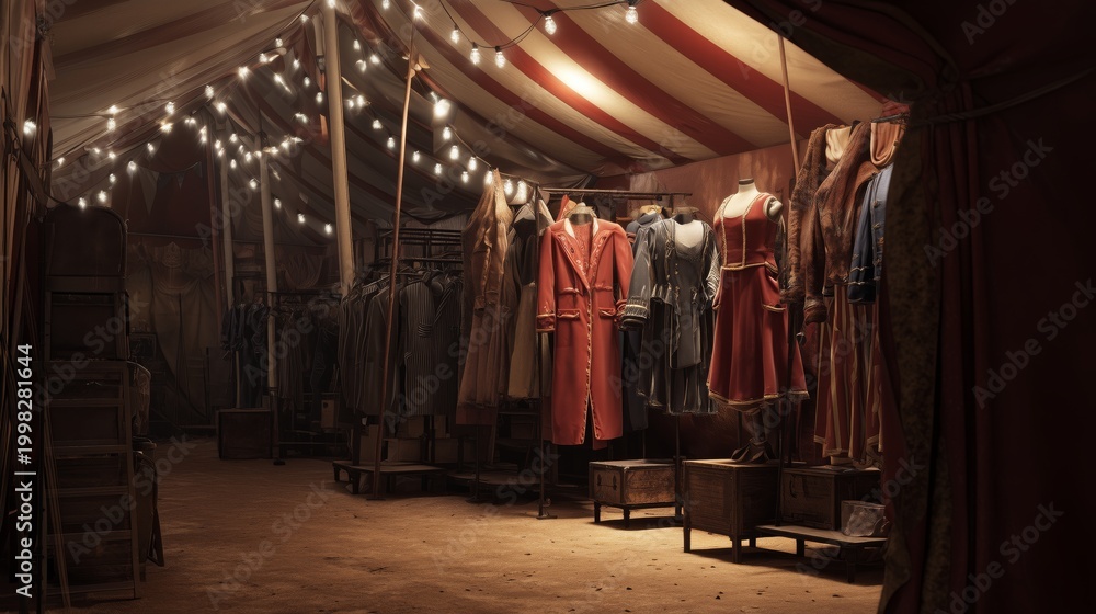 Naklejka premium Circus tent with costumes and warm lights in a quiet setting during the evening hours