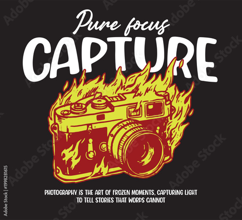 Vector illustration streetwear of camera and capture text for T-Shirt design with slogan and distortion artwork