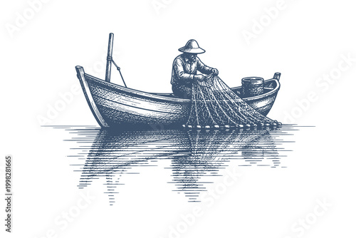 Traditional fisherman in a small wooden boat casting a net on calm water, vintage woodcut style vector illustration for maritime design.
