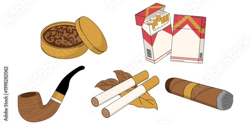 Tobacco Product Illustration Set With Cigarette Pack, Cigar, Smoking Pipe, Tobacco Tin and Loose Leaf for Classic Smoking Collection Concept. Vector Set