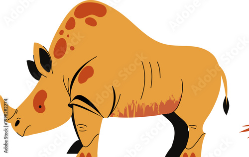 Vibrant orange rhinoceros illustration with distinctive reddishbrown spots and a single horn.