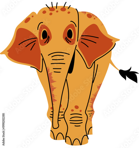 Playful cartoon elephant illustration with textured orange and brown brush strokes.