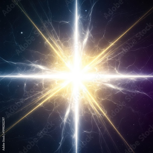 Abstract background showing intense, bright white and yellow energy fields radiating outward with cosmic and solar flares, graphic, power, spectrum