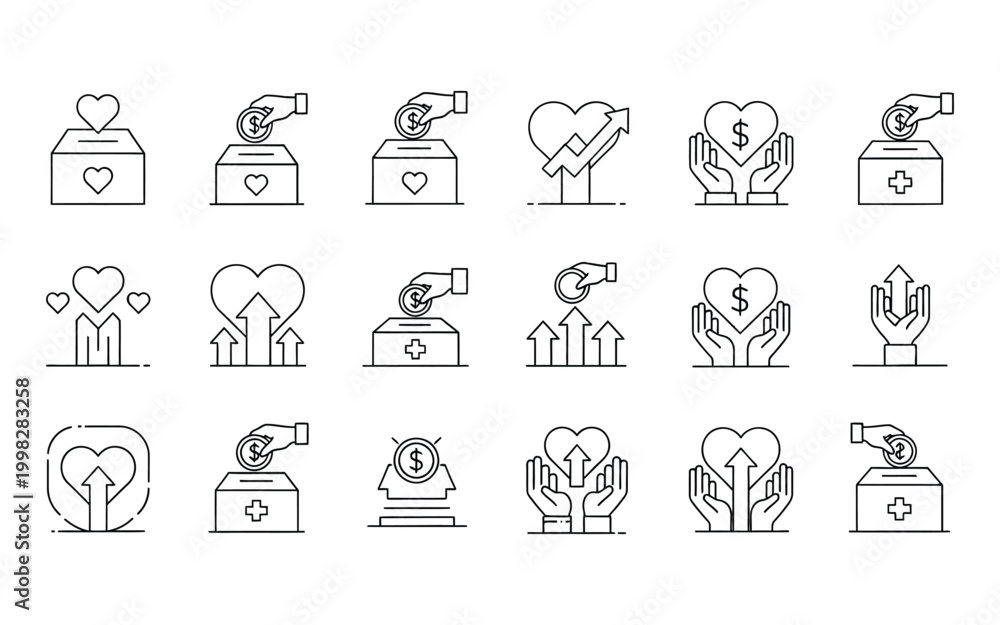 Fototapeta premium Charity and Donation Line Icon Set