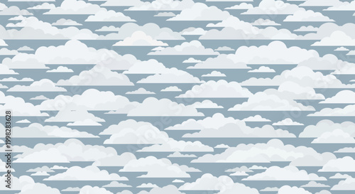 Seamless pattern of fluffy white clouds on a soft blue sky background, vector illustration.