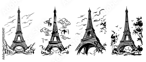 eiffel tower , Traditional Chinese Brush , strokes swirl style
