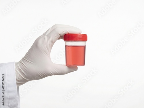 doctor hand holding urine sample container with reddish liquid indicating blood in urine and serious medical condition on white background