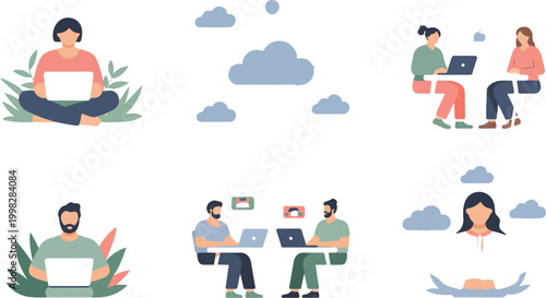 Remote file access with cloud network users sharing data online simple pastel vector illustration
