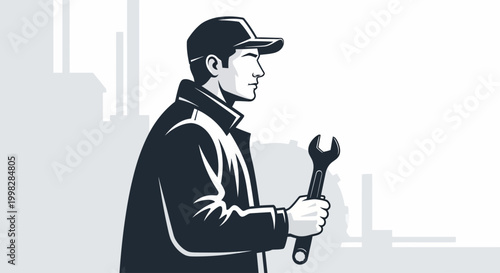 Man holding a large adjustable wrench.