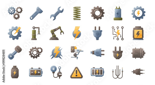 Industrial tools and machinery icons set.