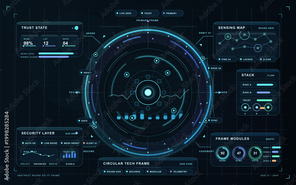 Fototapeta premium Futuristic circular tech frame interface with glowing blue HUD rings, trust state panels, sensing map, security layer, and dark grid background