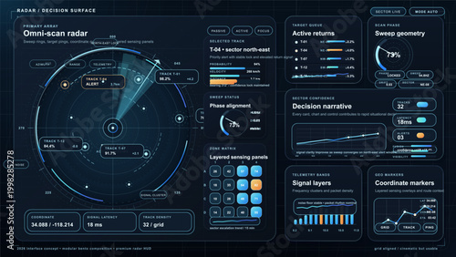Futuristic blue radar dashboard with circular scan display, target tracking cards, telemetry charts, coordinate markers, and dark grid background