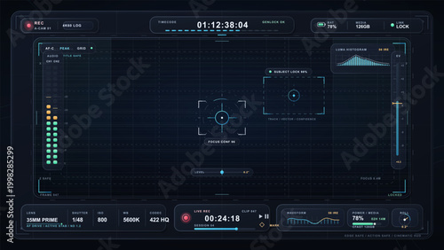 Futuristic camera recording interface HUD with timecode, focus target, audio meters, waveform, histogram and neon grid on dark screen display