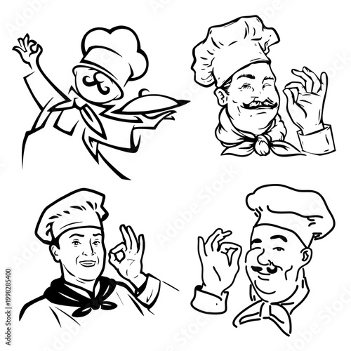 Chef Drawing vector Set linework Black logo
