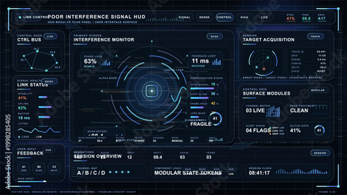 Dark futuristic interference signal HUD with central radar monitor, link status panels, target acquisition module, charts, and neon control interface