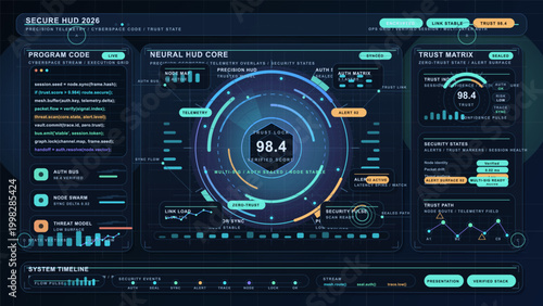 Futuristic secure HUD interface with circular trust score display, program code panel, security charts, and dark cyberspace telemetry grid
