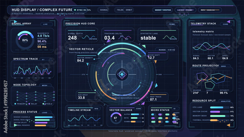 Complex futuristic HUD dashboard with vector reticle, signal array, telemetry charts, route projection panels, and neon controls on dark grid