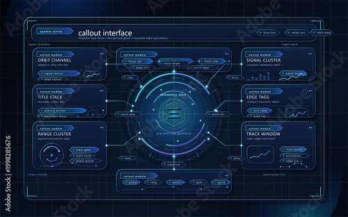 Futuristic callout interface with glowing circular telemetry core, modular label panels, connector lines, charts, and dark blue HUD grid