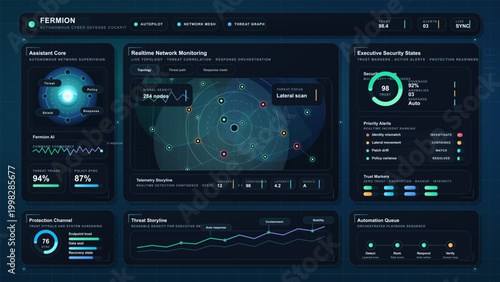 Futuristic cyber defense dashboard with network monitoring map, AI assistant panels, threat alerts, charts, and teal neon interface on dark grid