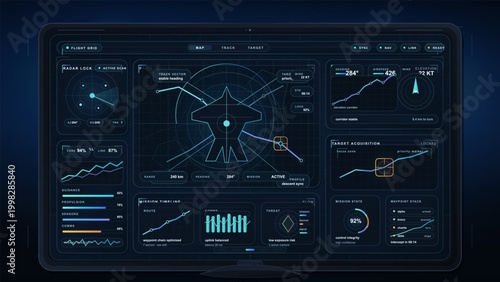 Futuristic flight control dashboard interface with aircraft radar, target acquisition panels, neon charts, and dark grid display layout