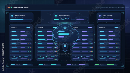 Dark data center dashboard interface with secure cloud exchange, server cluster panels, signal routing cards, lock shield, and neon grid layout