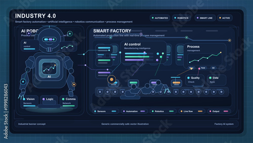 Dark Industry 4.0 smart factory dashboard showing AI robot, automated production line, process charts, and colorful neon control panels