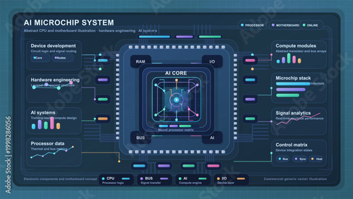 Dark AI microchip system dashboard with central processor core, motherboard traces, compute module charts, and neon hardware interface design