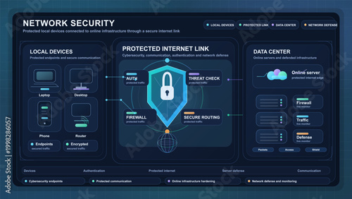 Dark cybersecurity infographic showing connected local devices, protected internet link, shield lock, firewall checks, and data center servers