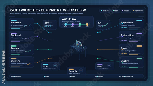 Isometric software development workflow dashboard with coding pipeline, testing, deployment, repository, automation and neon UI panels on dark grid