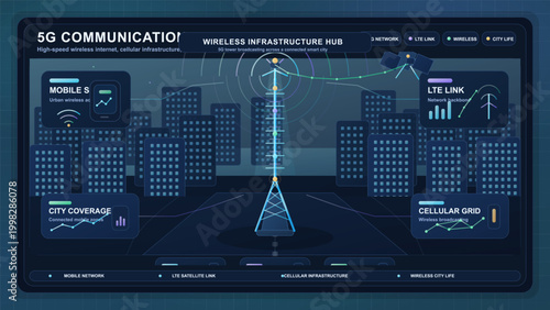 Dark 5G wireless infrastructure dashboard with central cell tower, city skyline, mobile signal panels, LTE link charts and cellular grid controls.