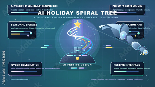 Futuristic AI holiday banner with robotic arm creating a glowing spiral Christmas tree on podium, star topper, festive panels and neon grid.