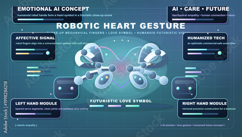 Futuristic humanoid robot hands forming a heart gesture with neon interface panels, soft glow, and dark grid background in clean vector style