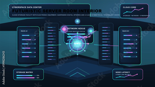 Futuristic server room interior with glowing data core, cloud network panels, neon server racks, storage metrics, and dark cyberspace grid