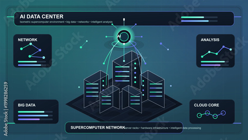 Dark AI data center interface with isometric server racks, glowing network nodes, big data panels, cloud core chart, and neon analytics display
