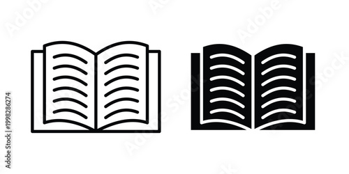 Open textbook icon strokes and flat black vectors. Illustrations EPS10