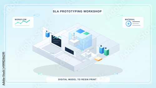 Clean isometric SLA prototyping workshop with resin 3D printer, workflow card, material panel, small bottles, and pale grid interface background
