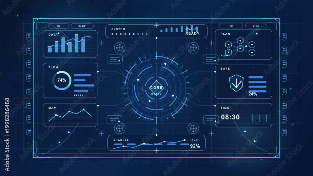 Fototapeta premium Futuristic blue HUD dashboard interface with central core target, data charts, flow gauges, map, status panels and neon grid background