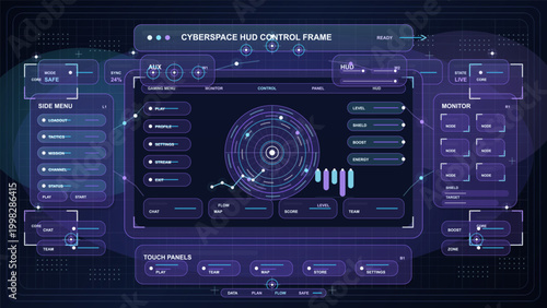 Dark cyberspace HUD control frame with central radar display, side menu, monitor nodes, touch panels, status bars and neon gaming interface.