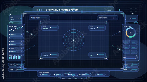 Dark blue digital HUD frame system with central targeting reticle, data panel, UI status gauge, control bar, and cyan neon lines on a grid