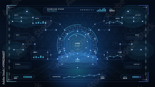 Futuristic blue holographic dashboard interface with circular core stage, data charts, nodes, and glowing panels on dark tech background