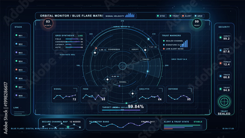 Futuristic blue orbital monitoring dashboard with circular radar sweep, trust metrics, security panels, telemetry graphs, and dark grid background