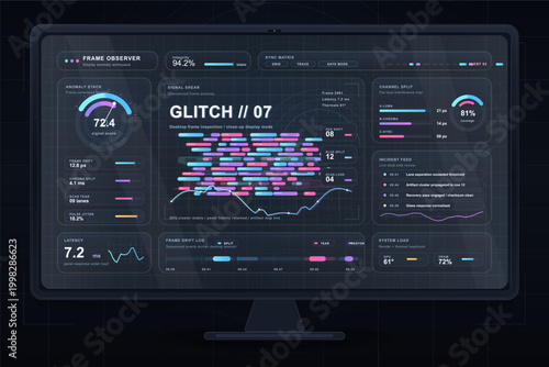 Dark monitor dashboard showing glitch anomaly analysis with colorful signal bars, latency gauges, incident feed, and neon charts on a grid interface