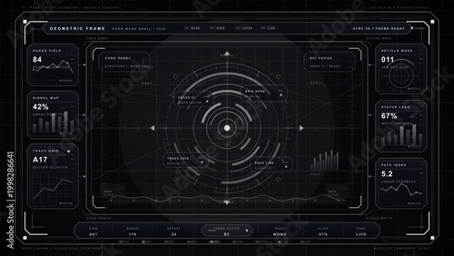 Monochrome futuristic geometric HUD interface with circular reticle, modular data panels, charts, white linework, and dark grid background