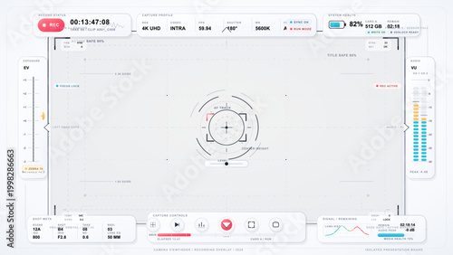 Clean camera recording viewfinder overlay with 4K capture settings, focus reticle, exposure scale, audio meter, and control panels on pale background