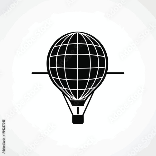 A black and white hot air balloon carrying a globe in the sky