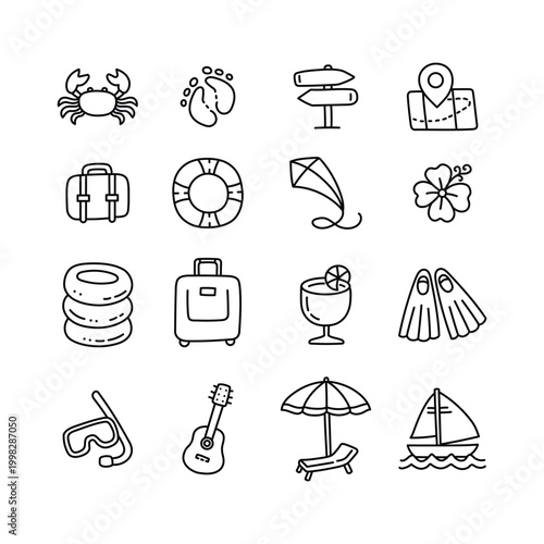 Holiday in Beach Icons. Cozy ravel and Summer Activity Line Symbols