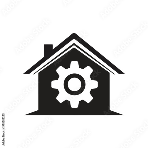 A stylized house icon featuring a gear inside to symbolize home maintenance or automation.